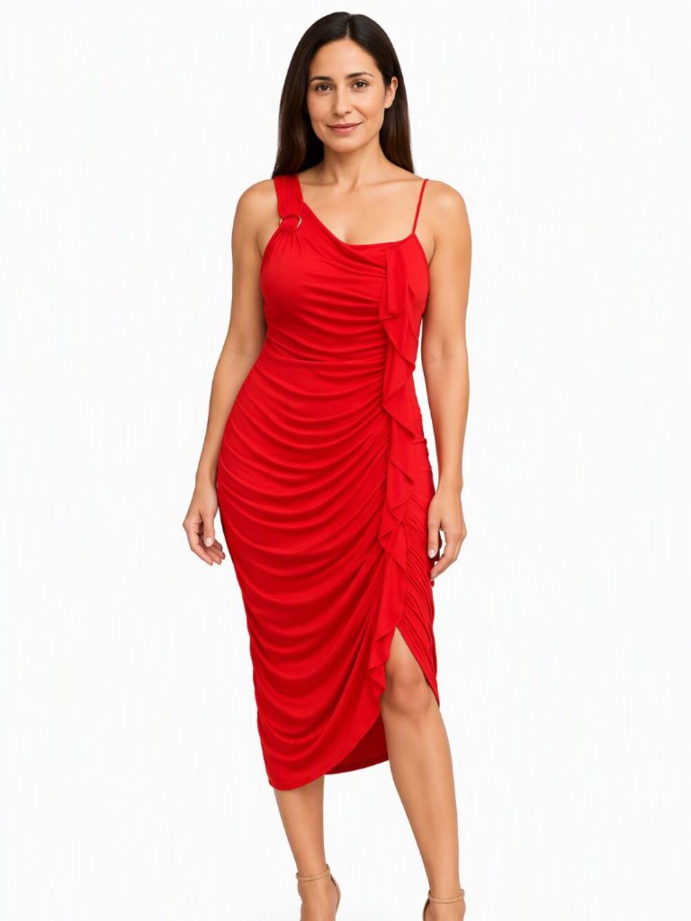 Zara Red One Shoulder Ruched Draped Dress Medium Bodycon